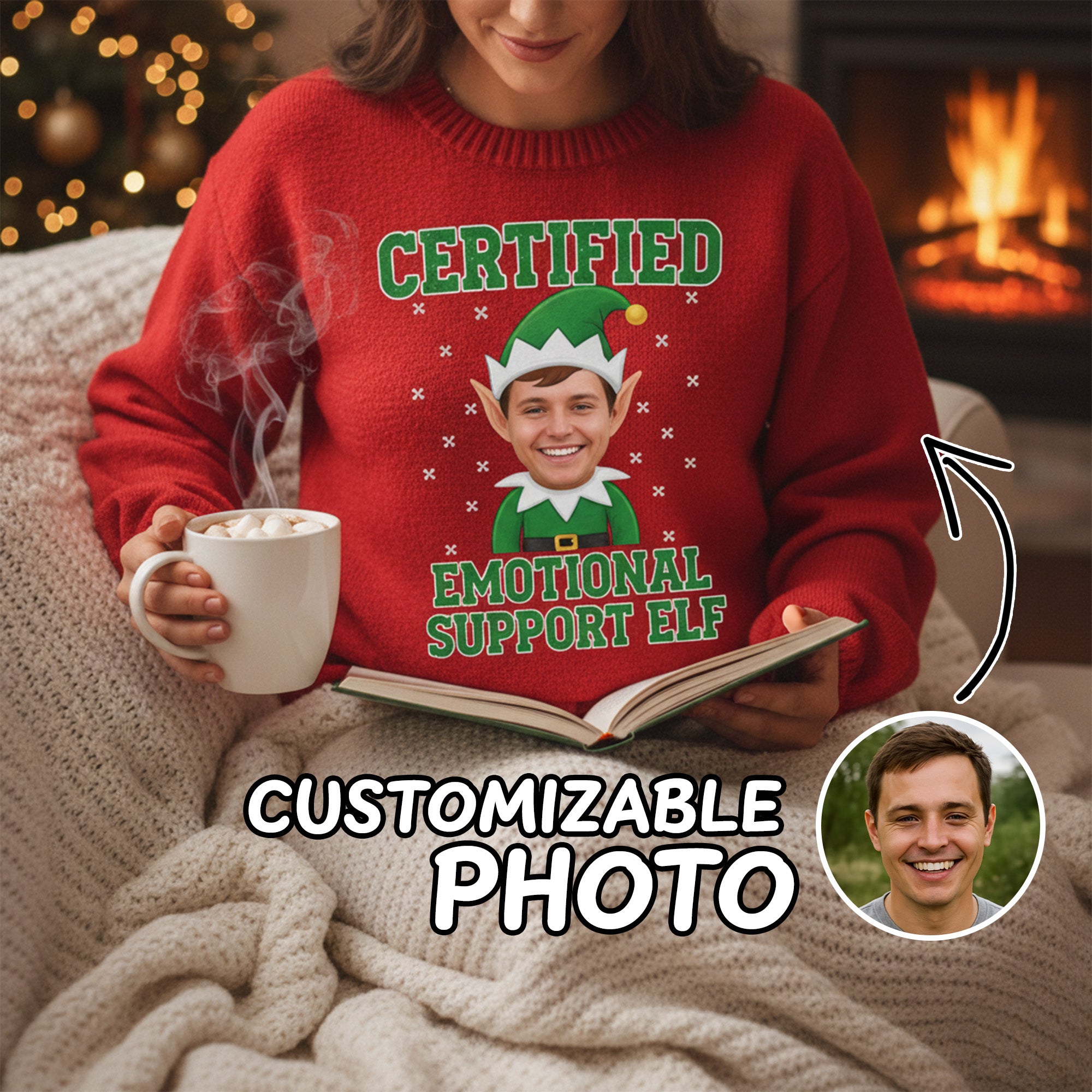 Certified Emotional Support Elf Christmas Sweater – Customizable Photo Funny Elf Jumper for the Holidays | Ugly 13