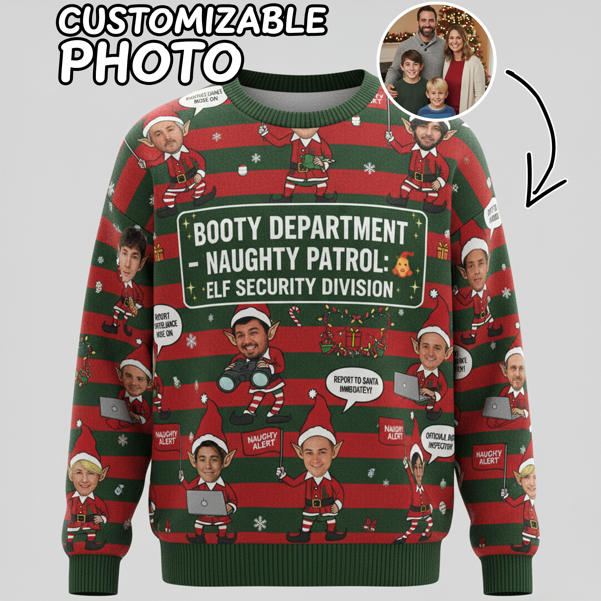 Booty Department Naughty Patrol Ugly Christmas Sweater – Customizable Photo, Elf Security Division, Funny Xmas Jumper | Ugly 90