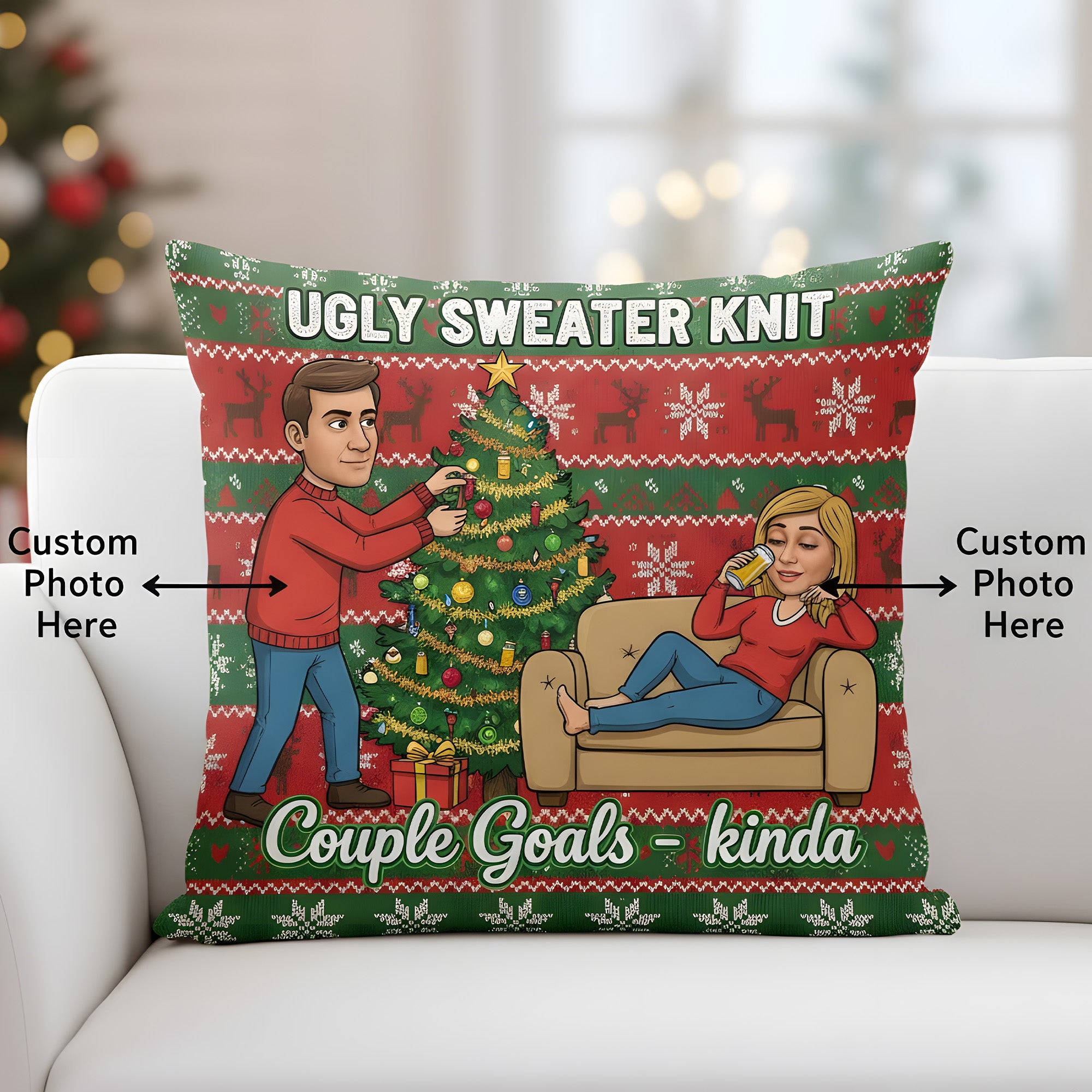 Funny Couple Christmas Pillow – Ugly Sweater Knit Design, Personalized Photo Gift for Him & Her, Holiday Humor Decor Cushion | Pillow72