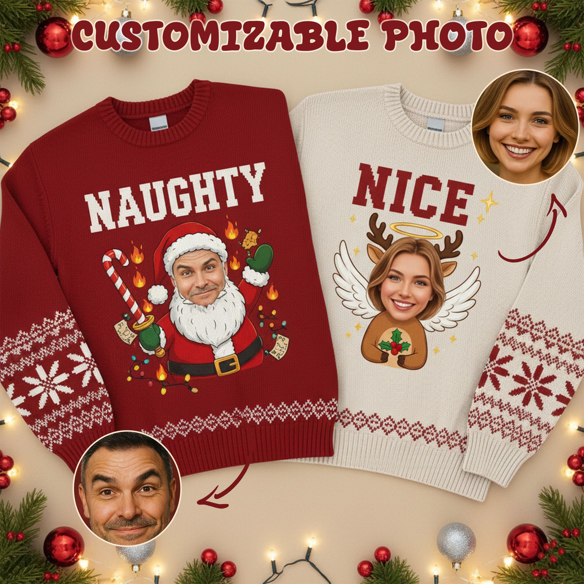 Custom Photo Couple Ugly Christmas Sweater, Naughty and Nice, Funny Matching Xmas Jumper, Personalized Face Holiday Gift for Couples | Ugly 65