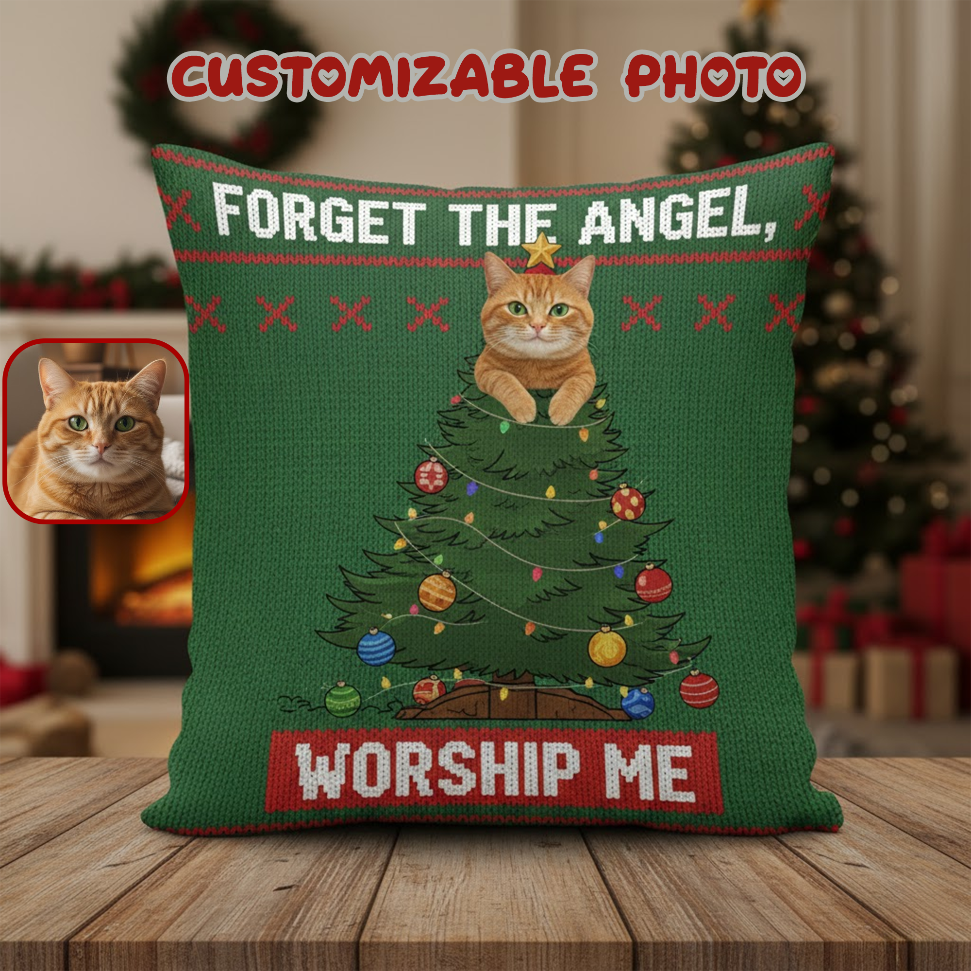 Funny Cat Christmas Pillow – Forget the Angel Worship Me  – Personalized Pillow – Cute Holiday Cushion for Pet Owners | Pillow 87,86