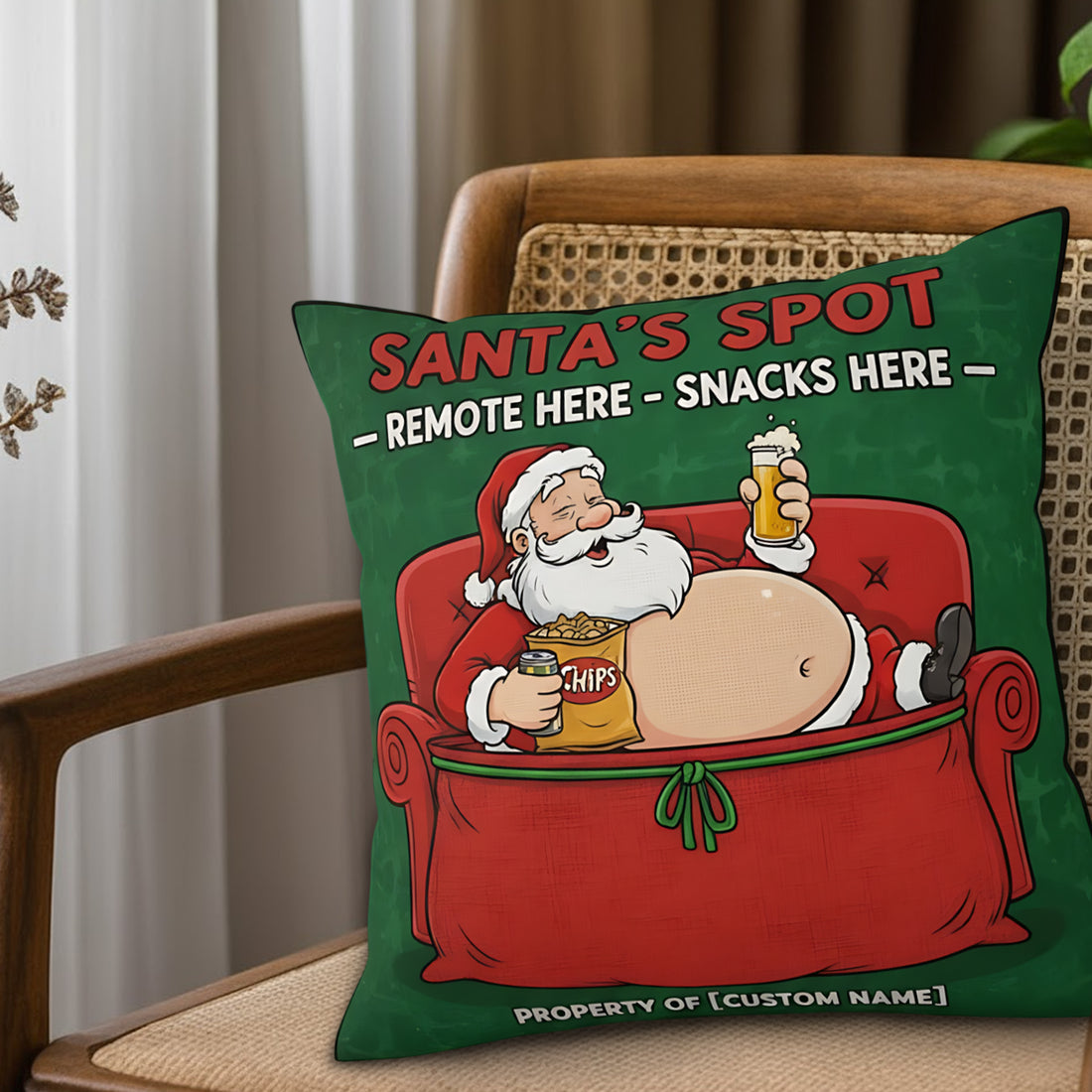Custom Santa’s Spot Christmas Pillow – Funny Personalized Photo Gift, Remote Here Snacks Here, Custom Name Linen Cushion for Men | Pillow46