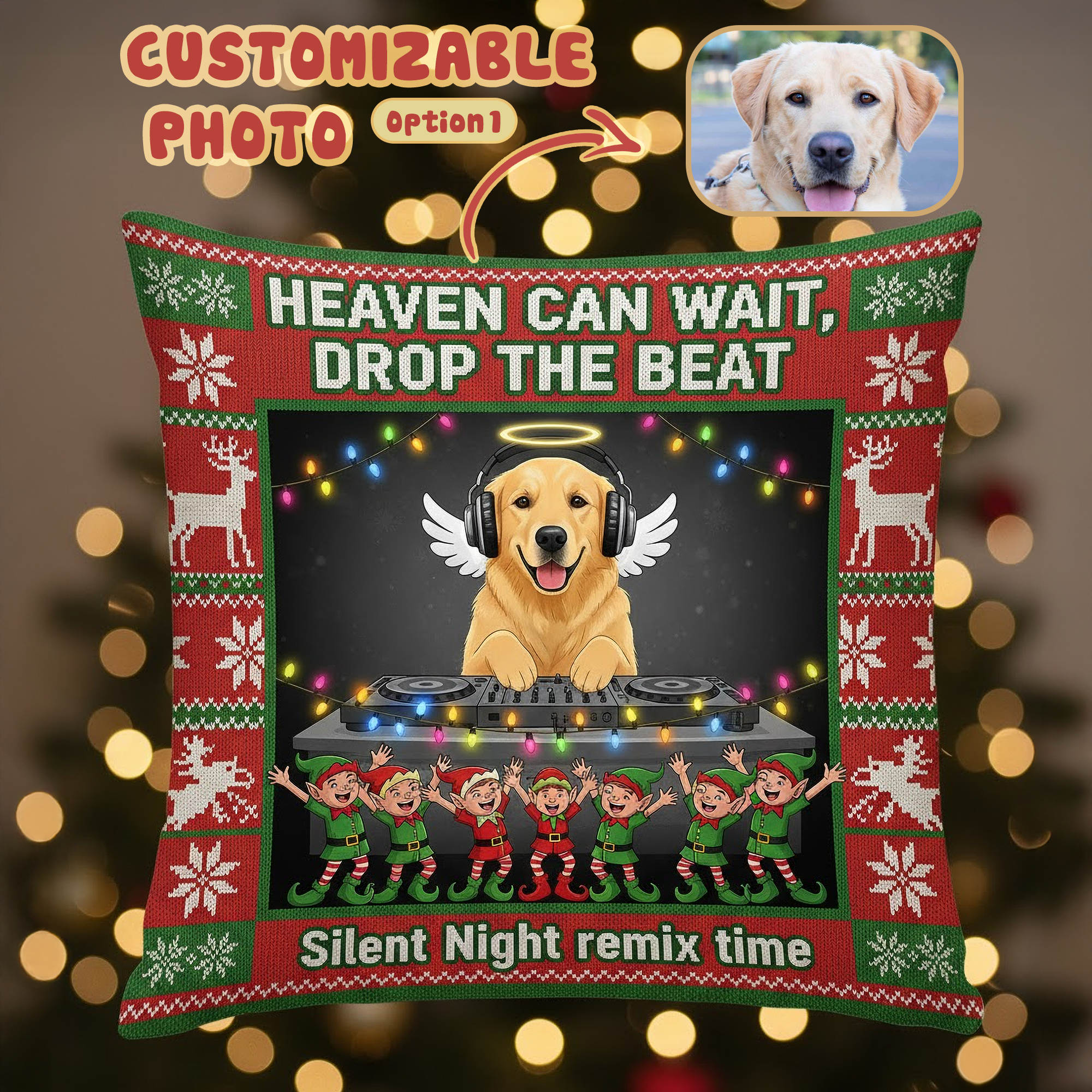 Custom Pet Christmas Pillow – Funny Dog DJ “Heaven Can Wait Drop The Beat” Personalized Pet Face Cushion, Holiday Decor, Xmas Gift | Pillow 91