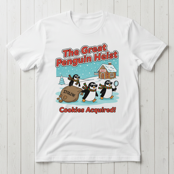 Funny Penguin Christmas T-Shirt, The Great Penguin Heist Tee, Cute Holiday Cookie Shirt, Festive Winter Top, Xmas Gift for Friends | T-shirt 13