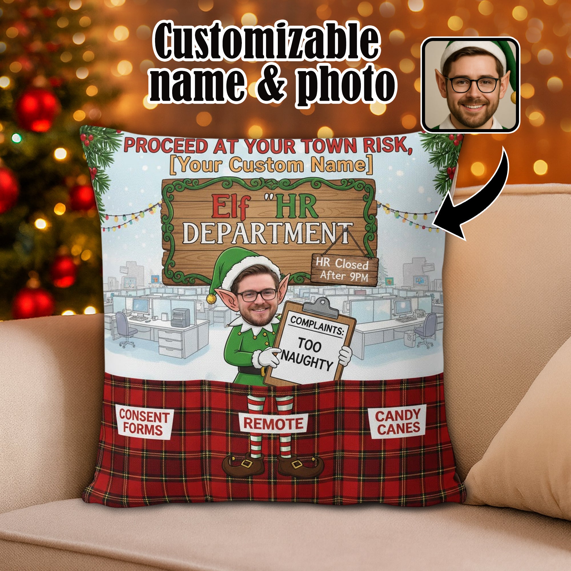 Custom Elf HR Department Pillow – Funny Naughty Christmas Gift, Personalized Name & Photo Cushion, Holiday Decor for Him | Pillow88