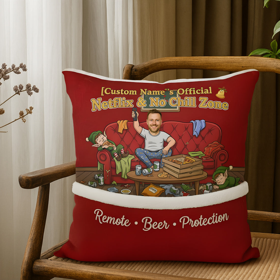 Funny Custom Christmas Pillow – Netflix & No Chill Zone, Personalized Photo & Name Gift, Holiday Humor Decor for Him | Pillow70