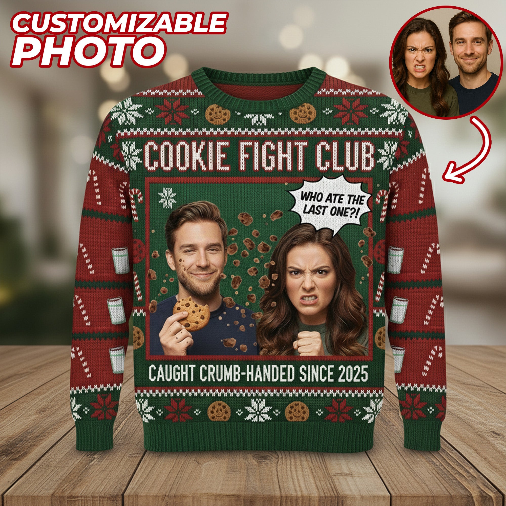 Funny Christmas Ugly Sweater, Custom Face Cookie Fight Club Sweatshirt, Personalized Couple Gift, Holiday Party Knit Pullover | Ugly 88