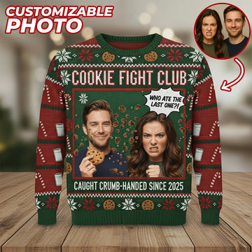 Funny Christmas Ugly Sweater, Custom Face Cookie Fight Club Sweatshirt, Personalized Couple Gift, Holiday Party Knit Pullover | Ugly 88
