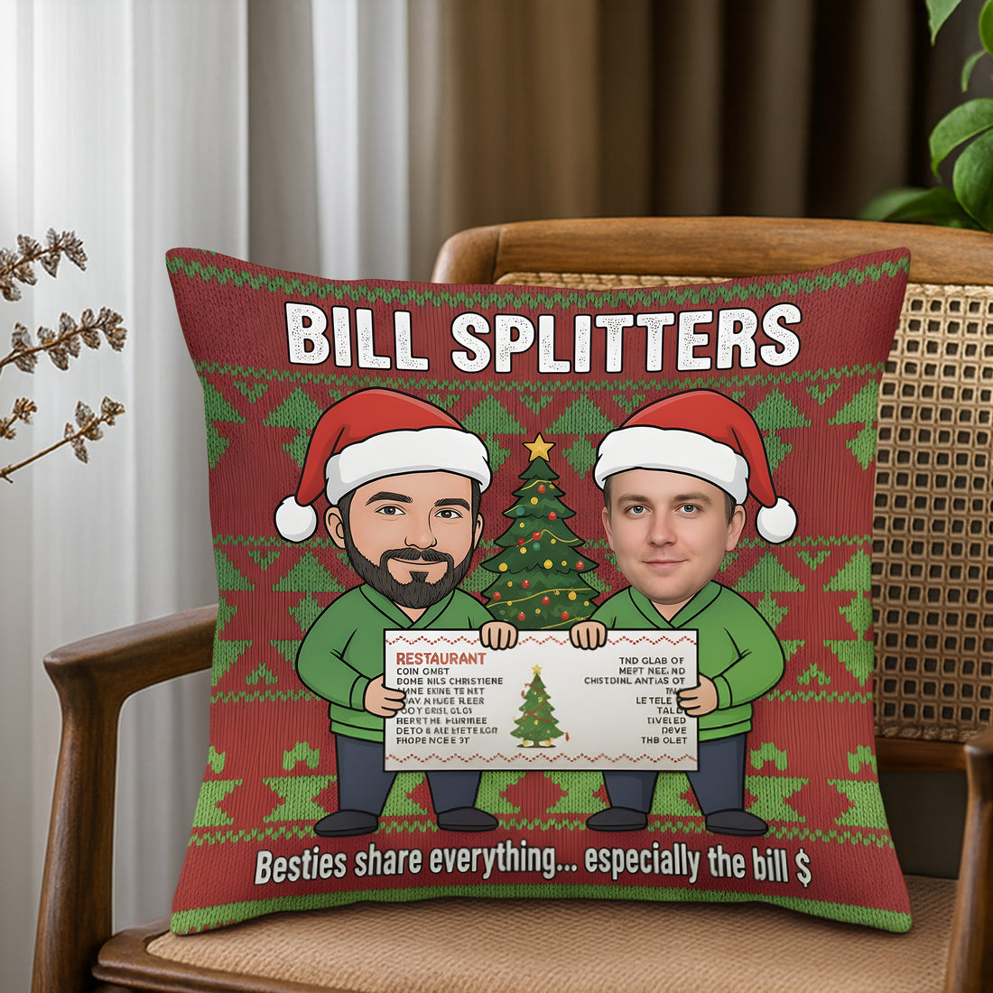 Custom Funny Christmas Pillow for Best Friends – Personalized Cartoon Face Gift, Bill Splitters Joke Cushion, Holiday Humor Decor | Pillow76