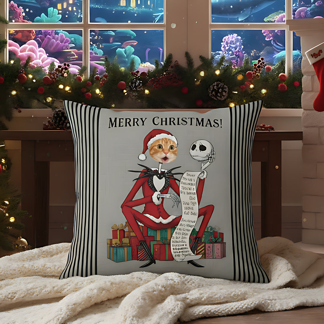 Custom Christmas Pillow – Merry Christmas with Cat Photo & Name, Personalized Holiday Gift, Fun & Whimsical Christmas Decor | Pillow 105