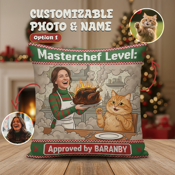 Custom Pet Christmas Pillow – “Masterchef Level” Funny Personalized Pet & Owner Cushion, Dog Cat Gift, Custom Face Holiday Decor | Pillow 66
