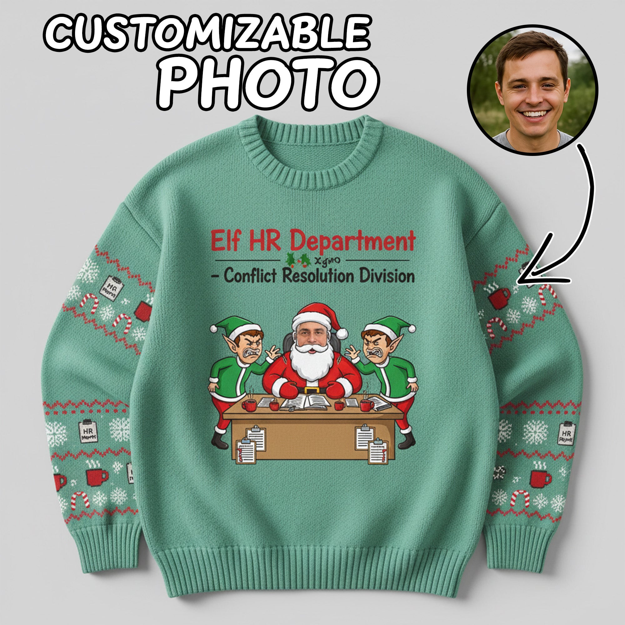 Elf HR Department Christmas Ugly Sweater – Customizable Photo, Funny Holiday Jumper, Conflict Resolution Division | Ugly 31