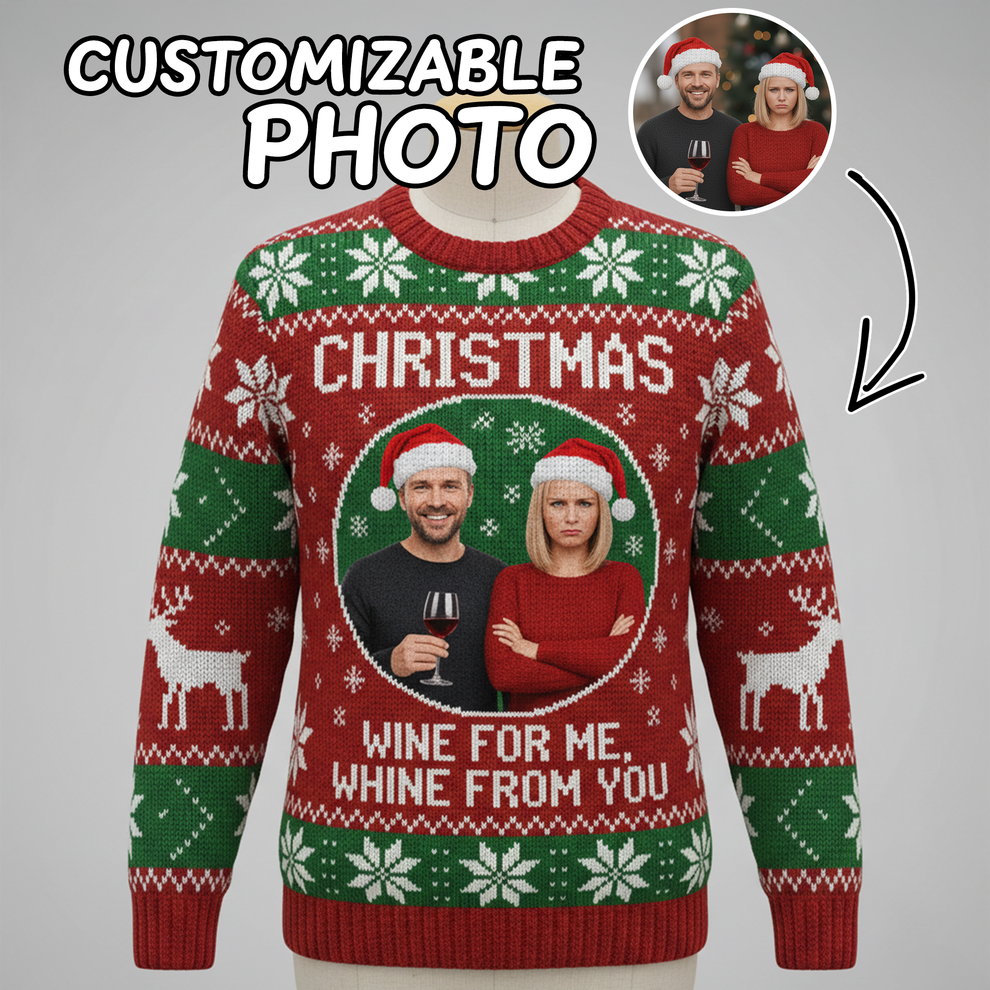 Custom Photo Ugly Christmas Sweater, Funny Couple Xmas Jumper, Wine For Me Whine From You, Personalized Holiday Gift | Ugly 50