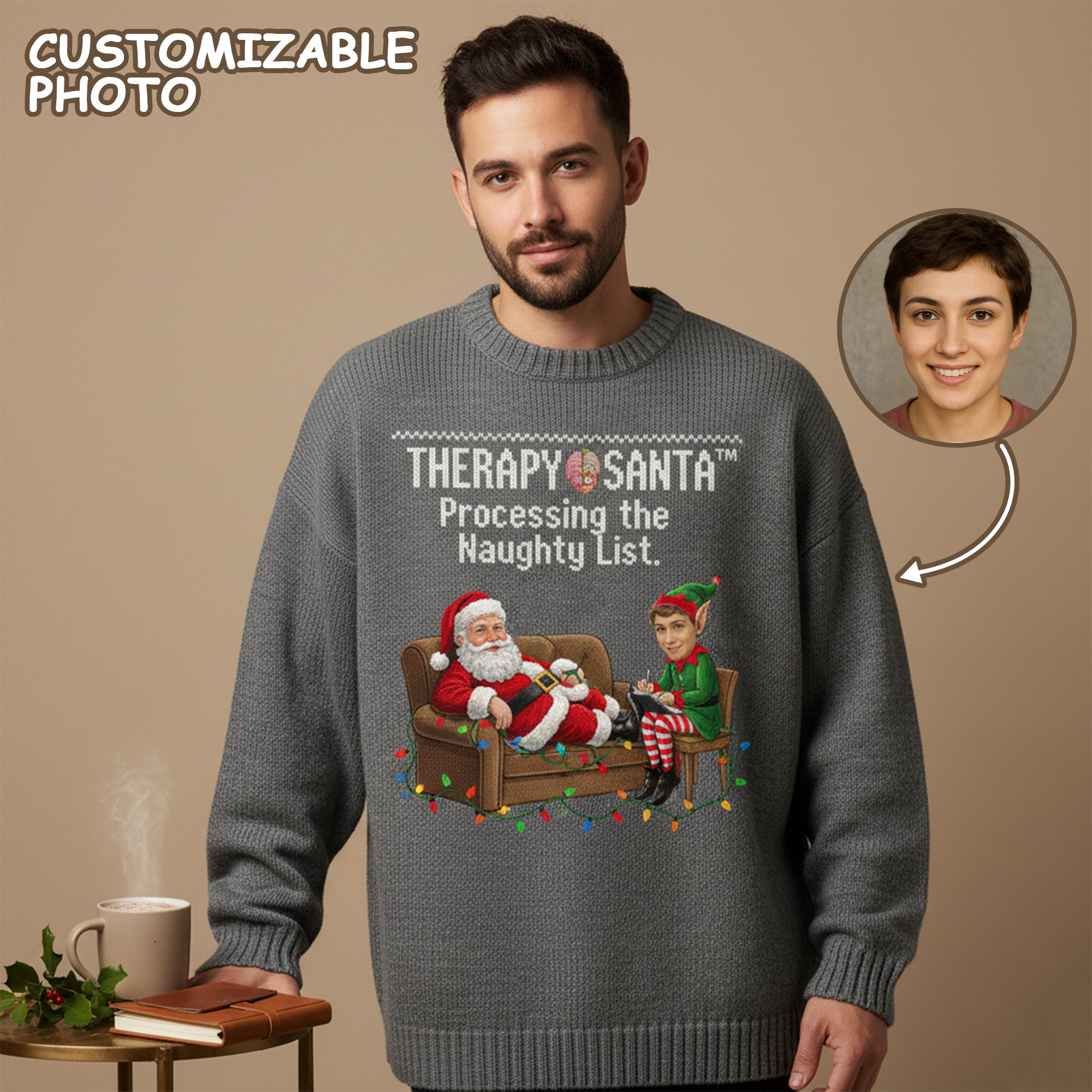 Custom Photo Christmas Sweater, Funny Therapy Santa Ugly Sweater, Processing the Naughty List, Personalized Xmas Gift| Ugly 47