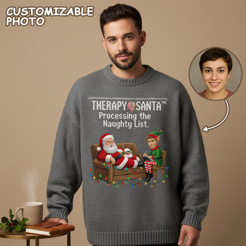 Custom Photo Christmas Sweater, Funny Therapy Santa Ugly Sweater, Processing the Naughty List, Personalized Xmas Gift| Ugly 47