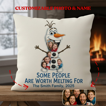 Custom Family Snowman Pillow, Personalized Linen Cushion with Photo & Name, Warm Winter Decor, Christmas Gift for Loved Ones | Pillow 100
