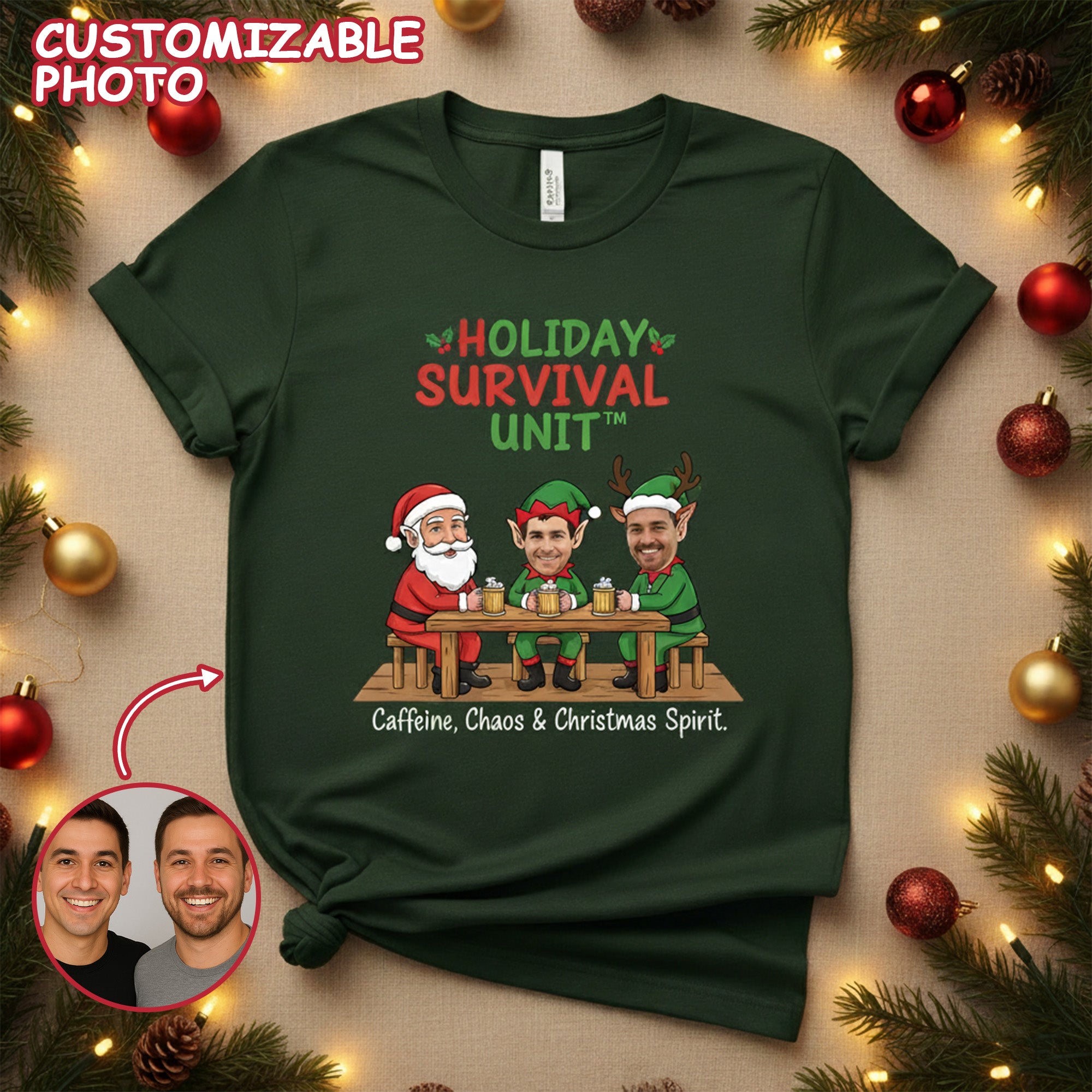 Holiday Survival Unit Custom Photo T-Shirt, Funny Christmas Tee, Personalized Santa & Elf Shirt, Holiday Gift for Friends Family, Xmas Humor | T-shirt 42
