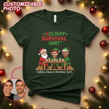 Holiday Survival Unit Custom Photo T-Shirt, Funny Christmas Tee, Personalized Santa & Elf Shirt, Holiday Gift for Friends Family, Xmas Humor | T-shirt 42