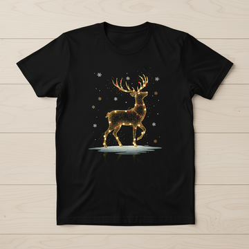 Golden Reindeer Christmas T-Shirt, Elegant Holiday Lights Tee, Shiny Deer Xmas Shirt, Festive Winter Top, Christmas Gift for Him Her Family | T-shirt 50
