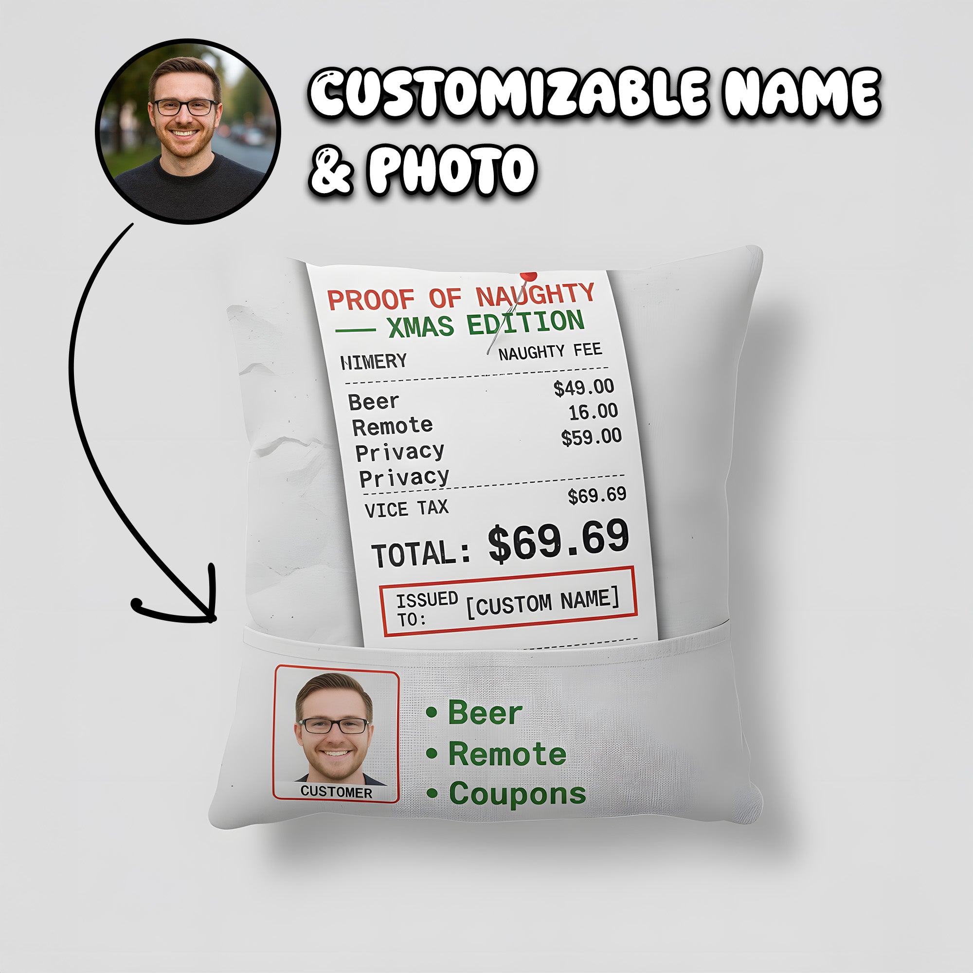 Custom “Proof of Naughty” Christmas Pillow – Funny Personalized Gift for Him | Custom Name & Photo Linen Cushion | Pillow18