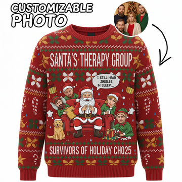 Santa's Therapy Group Ugly Christmas Sweater – Customizable Photo, Survivors of Holiday Chaos, Funny Xmas Jumper  | Ugly 86