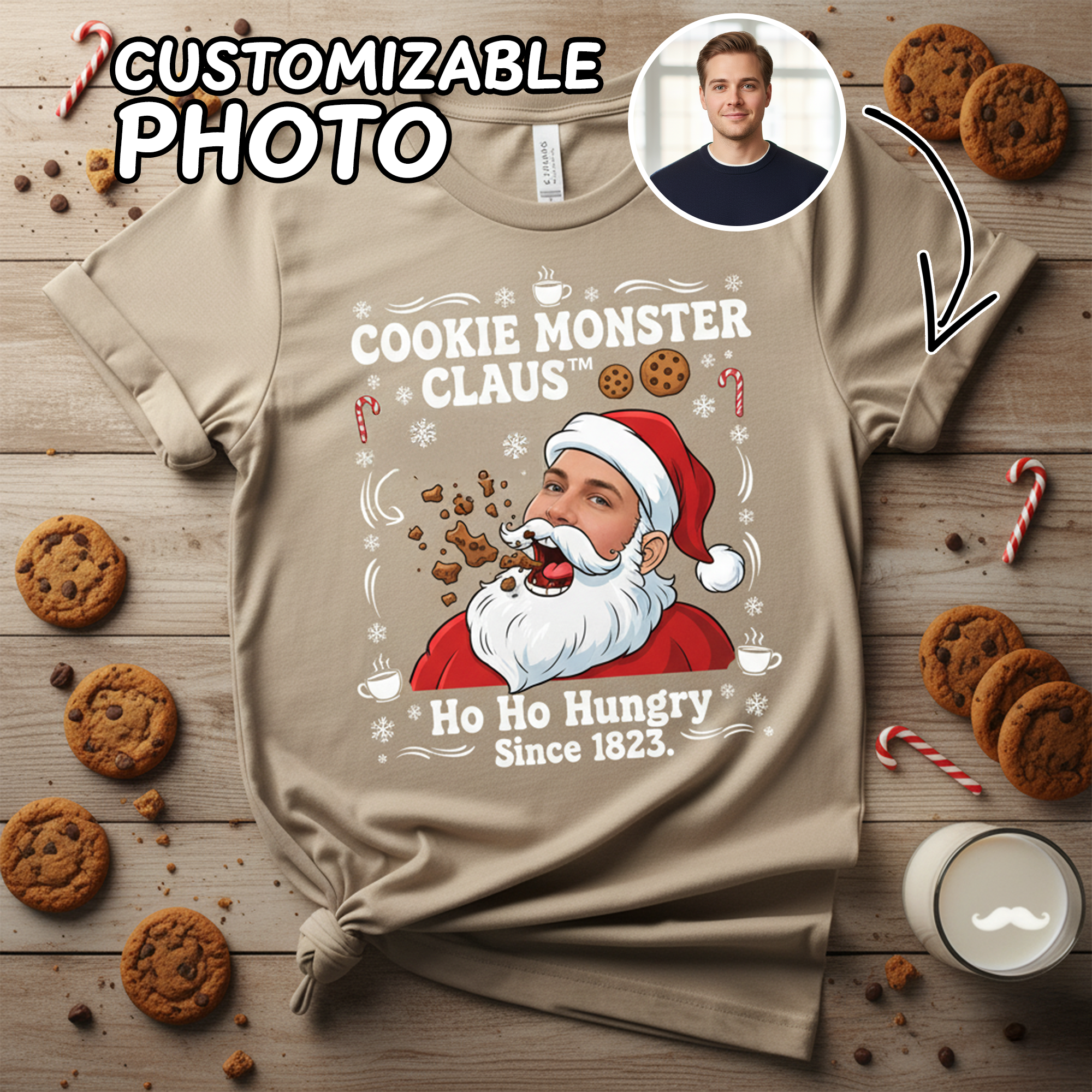 Cookie Monster Claus Custom Photo T-Shirt, Funny Christmas Gift, Personalized Santa Tee, Holiday Humor Shirt for Men, Ho Ho Hungry Since 1823 | T-shirt 5