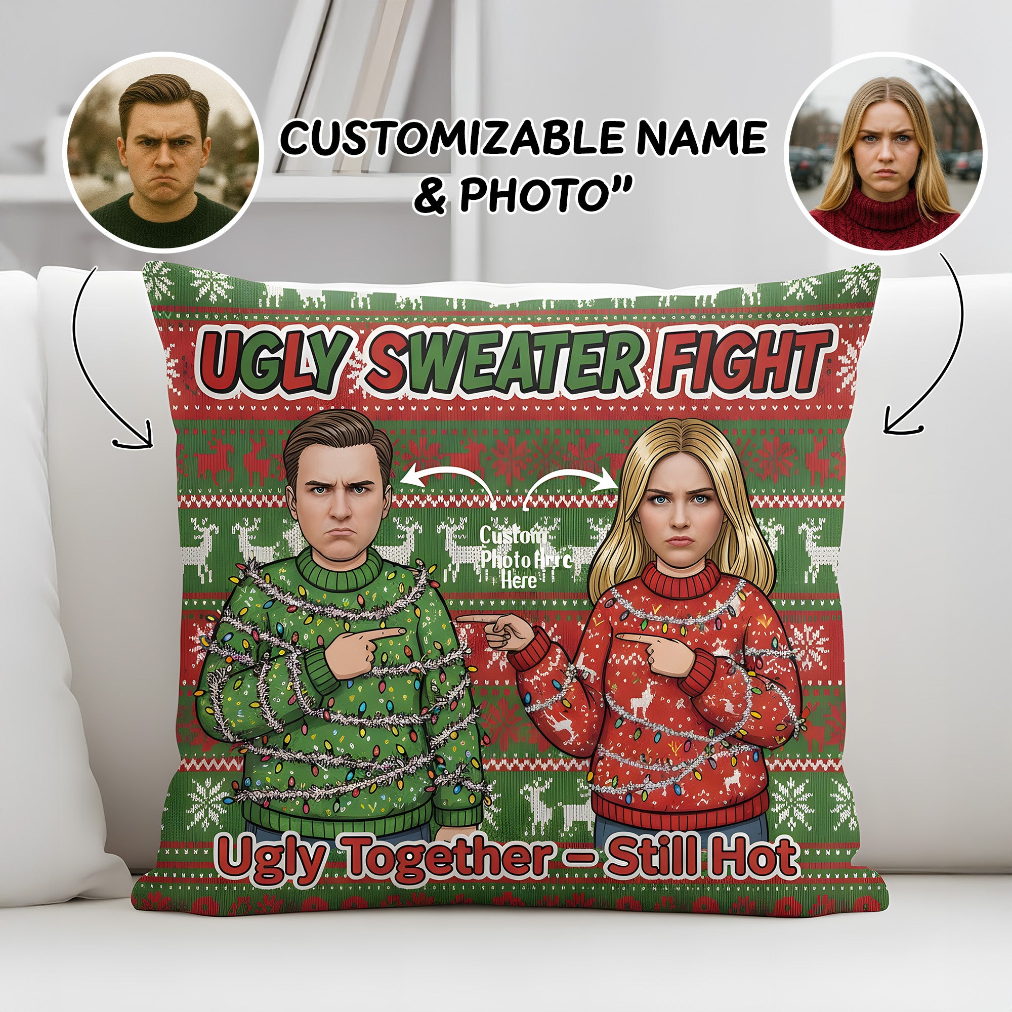 Personalized Christmas Pillow – Custom Faces & Names | “Ugly Sweater Fight” Funny & Faith-Inspired Couple Gift | Pillow11