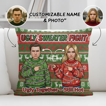 Personalized Christmas Pillow – Custom Faces & Names | “Ugly Sweater Fight” Funny & Faith-Inspired Couple Gift | Pillow11