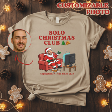 Solo Christmas Club Custom Photo T-Shirt, Funny Santa Pizza Tee, Personalized Holiday Shirt for Men, Lazy Christmas Gift, Xmas Humor | T-shirt 23