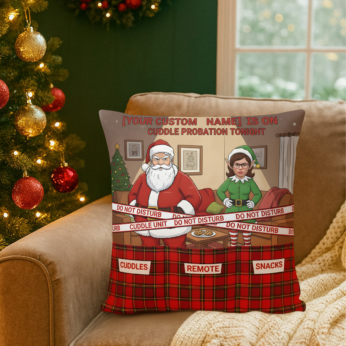 Personalized Christmas Pillow | Funny Santa & Elf Cushion | Custom Name & Photo Gift | Cuddle Probation Decor | Holiday Humor Gift | Pillow57