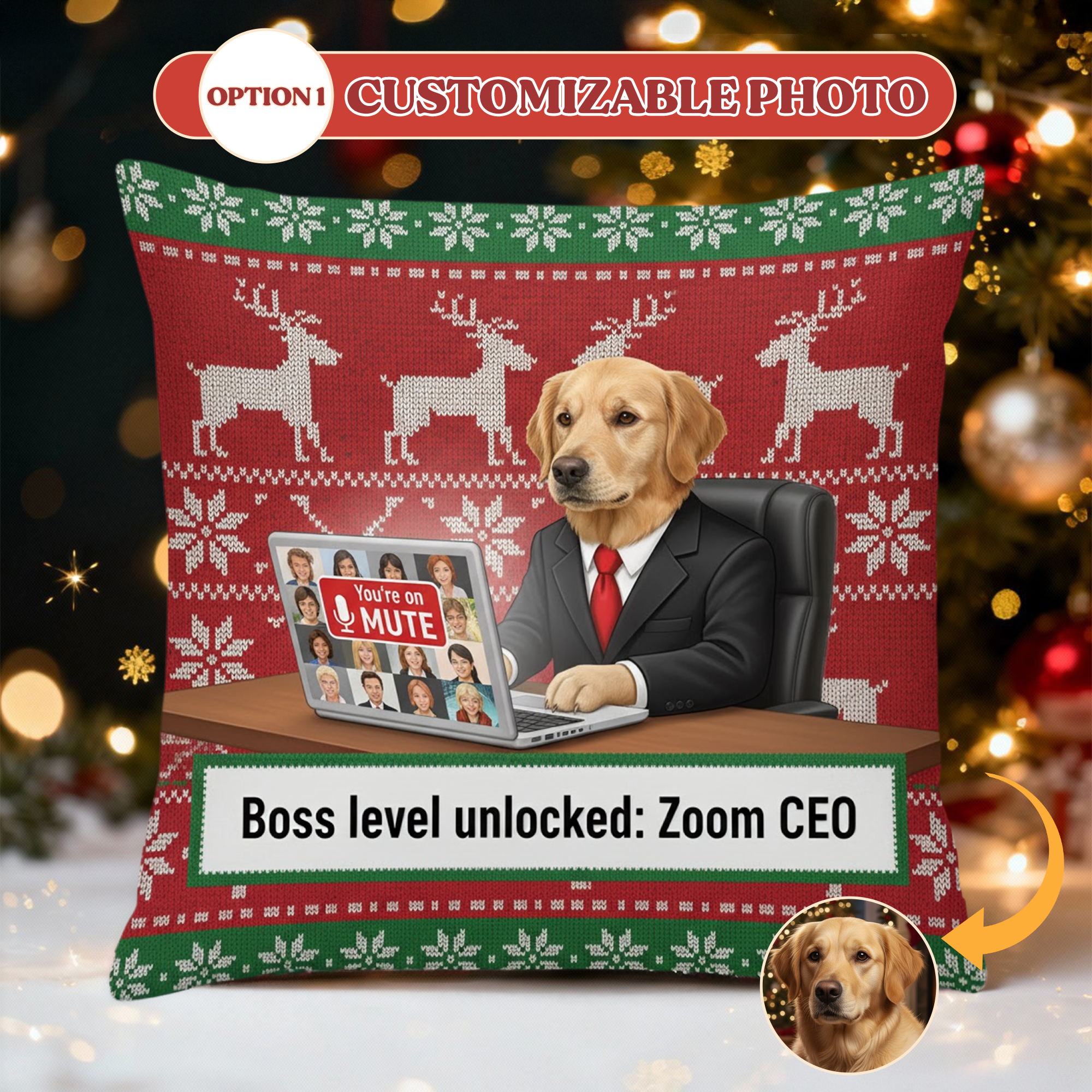 Funny Work From Home Pillow – Boss Level Unlocked Zoom CEO, Custom Pet Photo, Personalized Dog Gift for Office Workers | Pillow 95