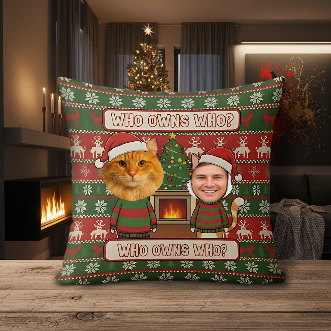 Custom Who Owns Who Christmas Pillow – Funny Personalized Cat & Owner Gift, Custom Photo Linen Cushion, Holiday Decor for Pet Lovers | Pillow56