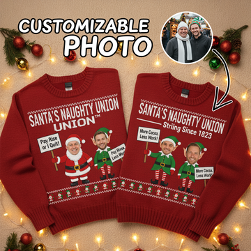 Santa's Naughty Union Ugly Christmas Sweater, Customizable Photo, Pay Rise or I Quit, Funny Holiday Gift | Ugly 91