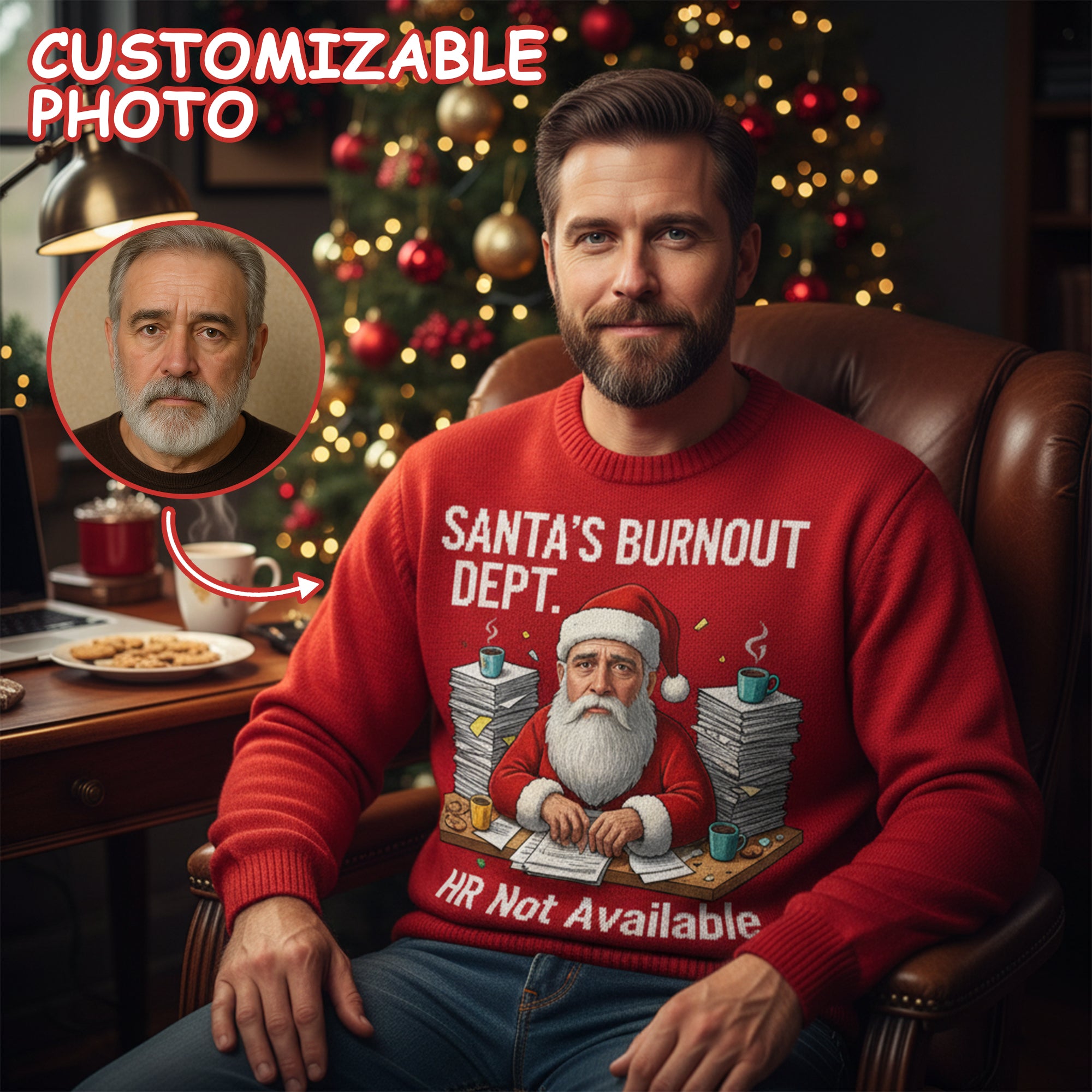 Santa's Burnout Dept Christmas Sweater – Customizable Photo, Funny HR Not Available, Holiday Jumper for Stressful Xmas | Ugly 48