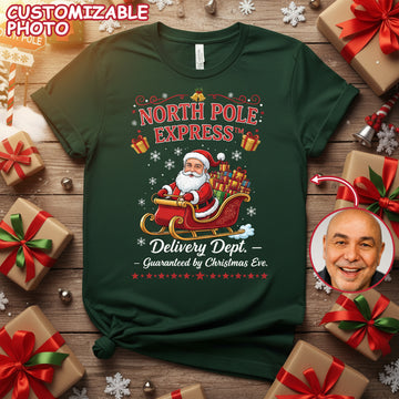 North Pole Express Custom Photo T-Shirt, Funny Santa Delivery Tee, Personalized Xmas Shirt, Holiday Gift, Christmas Family Matching | T-shirt 35