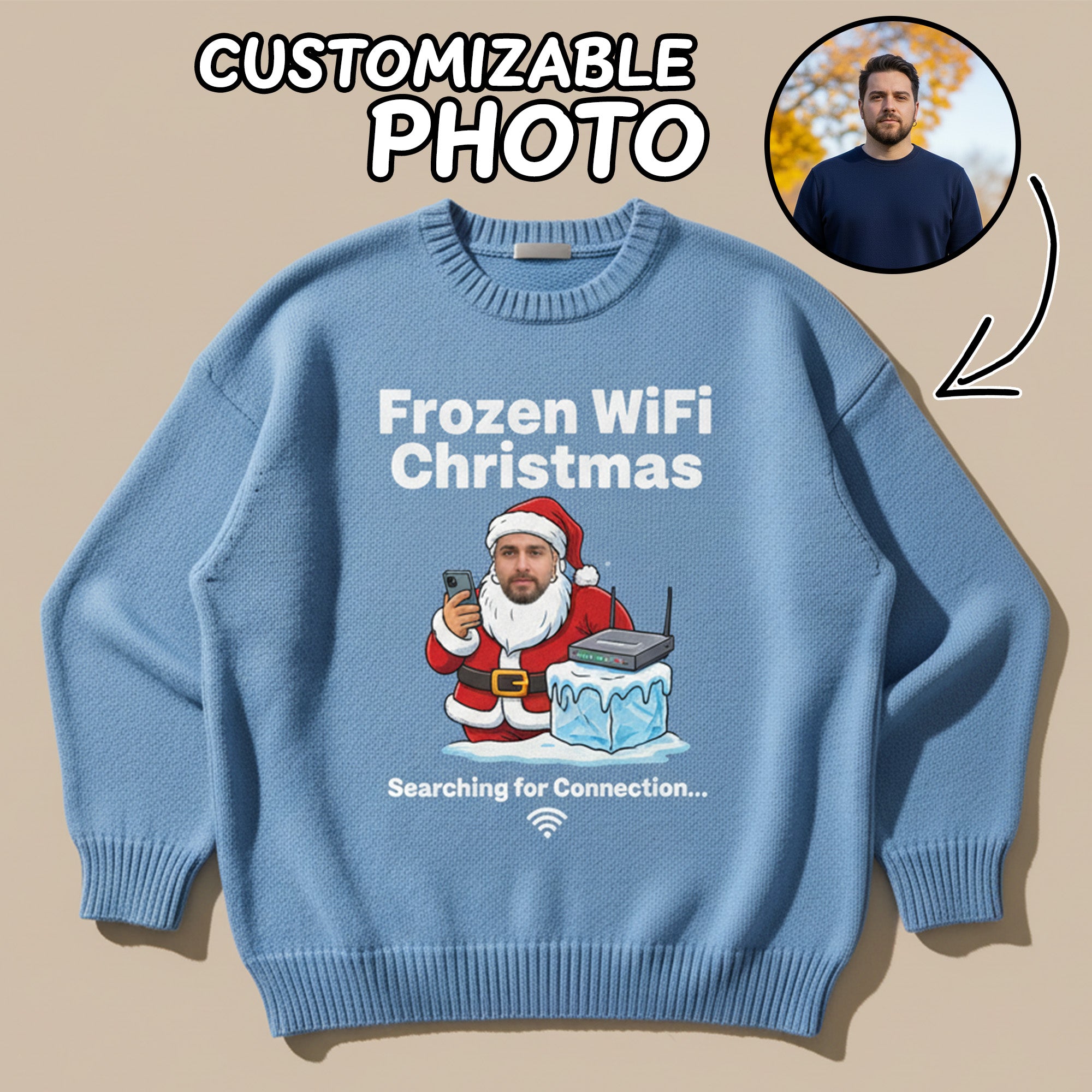 Frozen Wi-Fi Ugly Christmas Sweater – Customizable Photo, Funny Santa Jumper, Searching for Connection, Holiday Wi-Fi Humor | Ugly 8