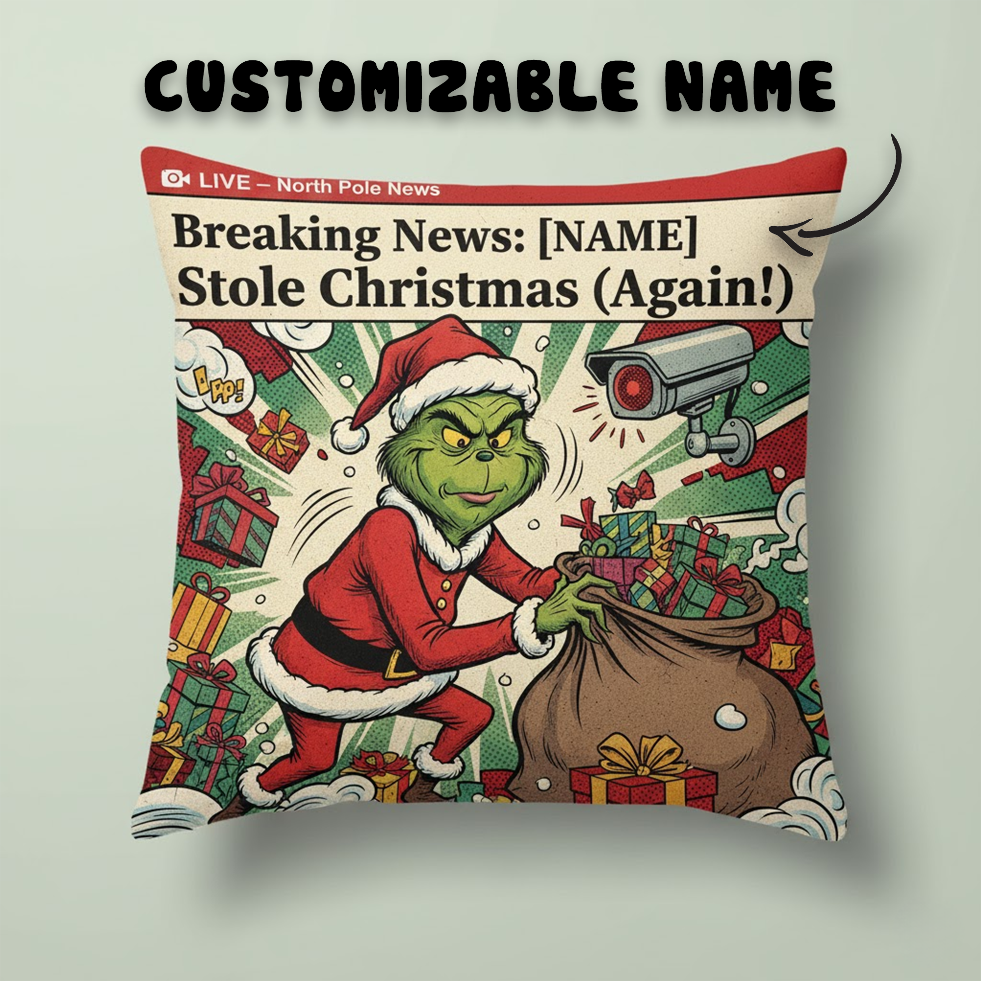 Funny Christmas Pillow, Custom Name Breaking News Cushion, Personalized Linen Decor, Holiday Gift for Family or Friends| Pillow 107