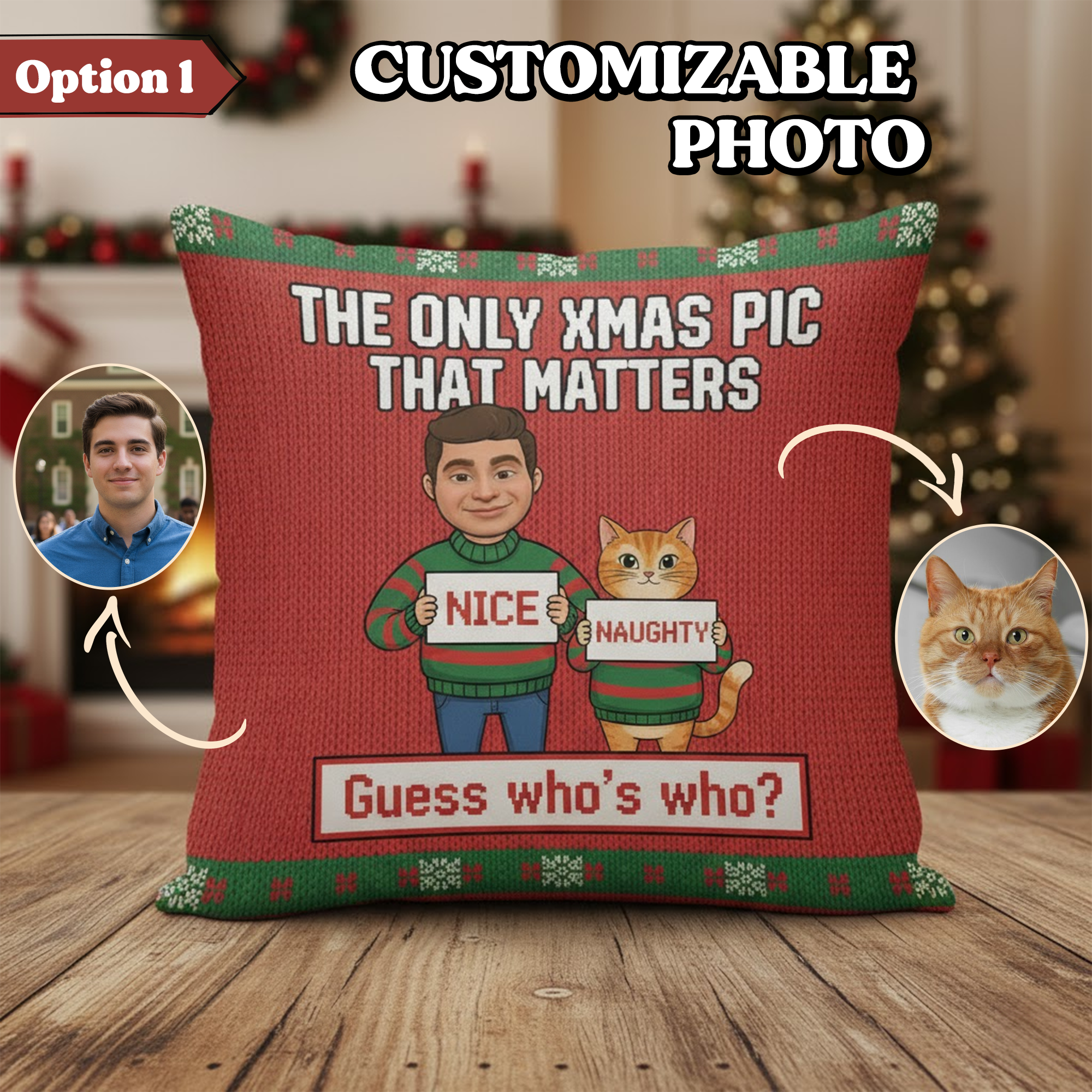 Custom Pet Christmas Pillow – “Nice or Naughty” Funny Cat Cushion, Personalized Pet & Owner Face Pillow, Holiday Gift, Xmas Home Decor | Pillow 93