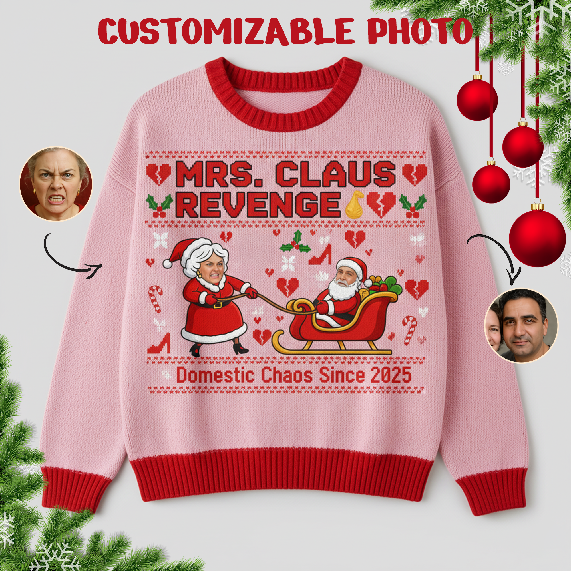 Custom Photo Ugly Christmas Sweater, Funny Couple Xmas Jumper, Mrs Claus Revenge, Personalized Holiday Gift for Him Her | Ugly 14