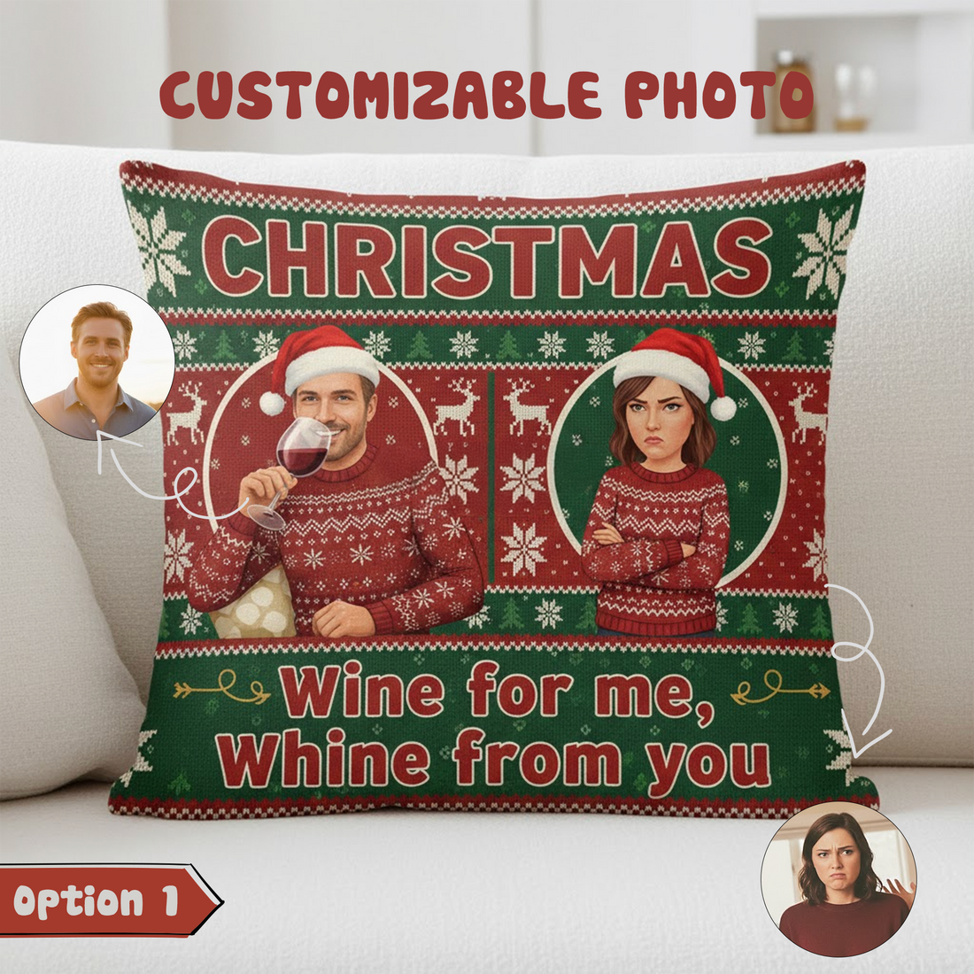Funny Couple Pillow – “Wine for Me, Whine from You” Personalized Photo Cushion, Custom Gift for Him Her, Valentine or Christmas Decor | Pillow 82