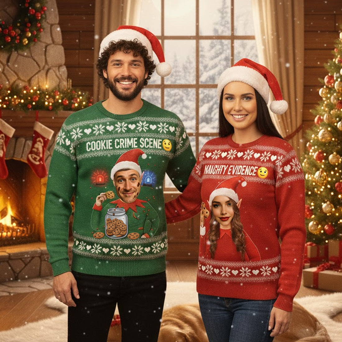 Custom Photo Couple Ugly Christmas Sweater, Cookie Crime Scene, Naughty Evidence Matching Sweater, Funny Personalized Xmas Jumper | Ugly 43