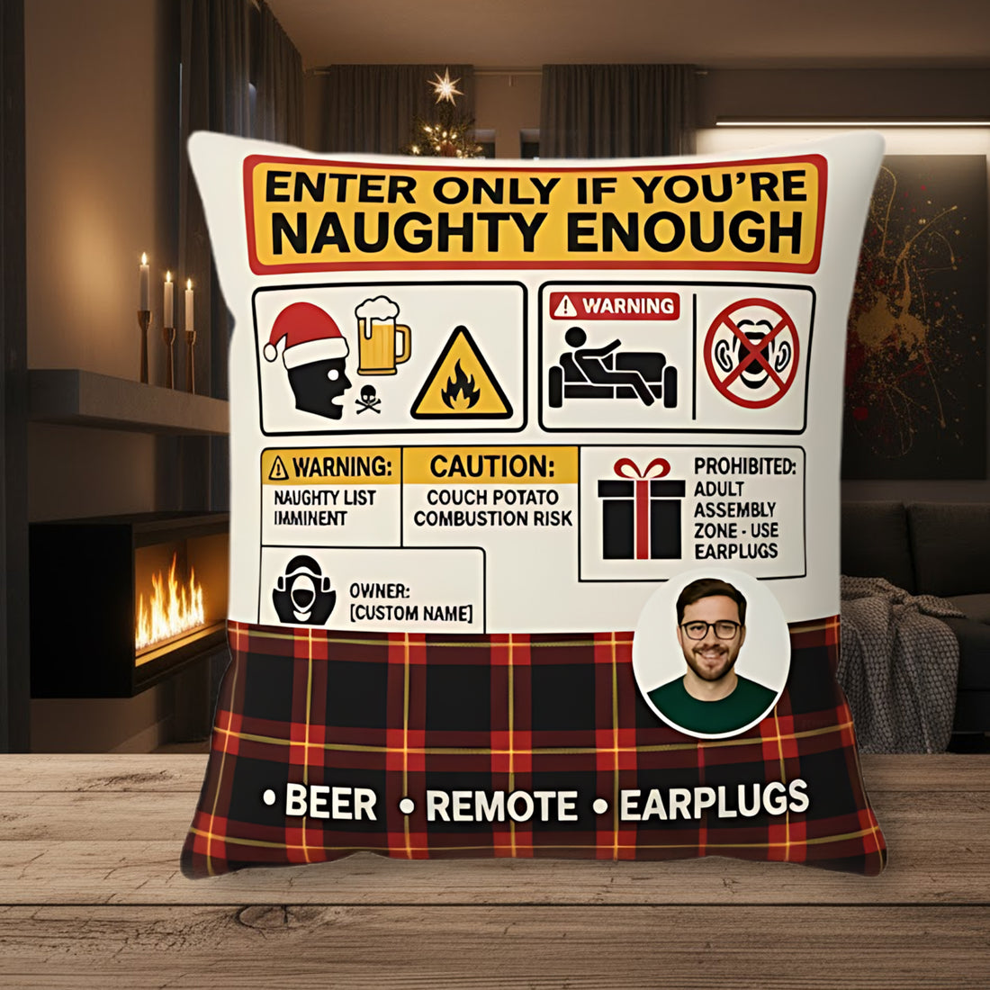 Personalized Christmas Pillow – Custom Face | “Naughty Enough” Funny Double-Sided Linen Pillow | Adult Humor Xmas Gift for Men & Friends | Pillow69