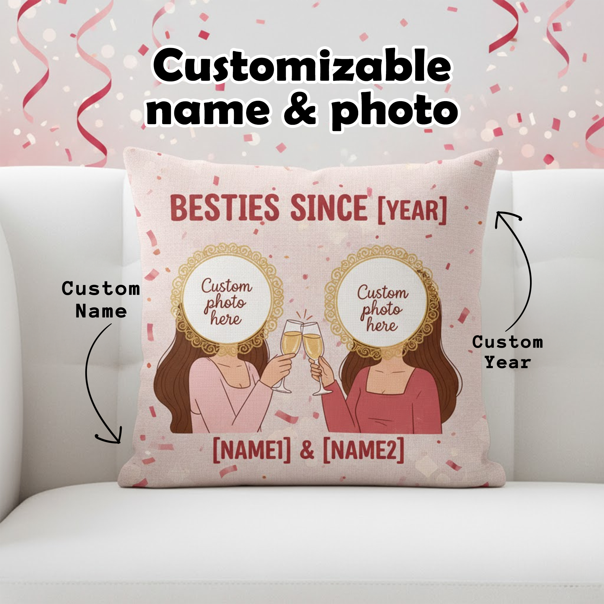 Custom Best Friends Pillow – Besties Since Year, Personalized Photo Cushion, Friendship Gift for Her, Double Sided Linen Pillow | Pillow33