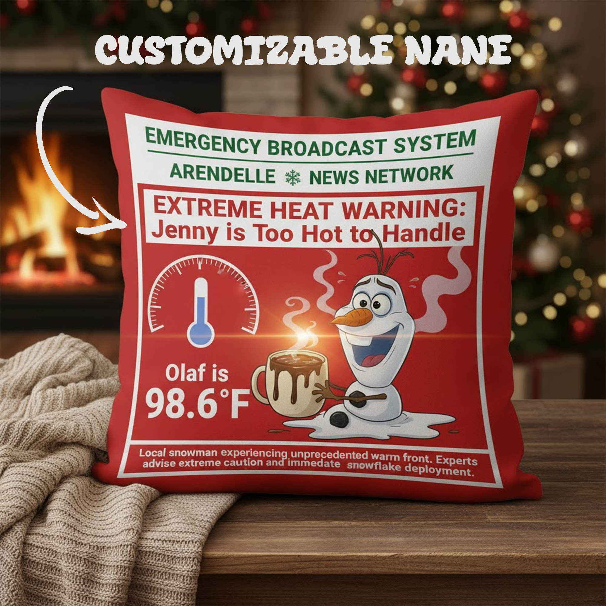 Funny Snowman Warning Pillow, Custom Name Extreme Heat Cushion, Personalized Linen Decor, Christmas Gift for Her or Him | Pillow 98