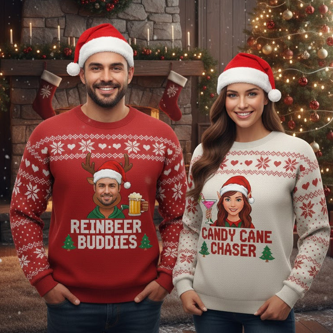 Custom Photo Couple Ugly Christmas Sweater, Reinbeer Buddies, Candy Cane Chaser, Funny Matching Xmas Jumper, Personalized Face Holiday Gift | Ugly 44