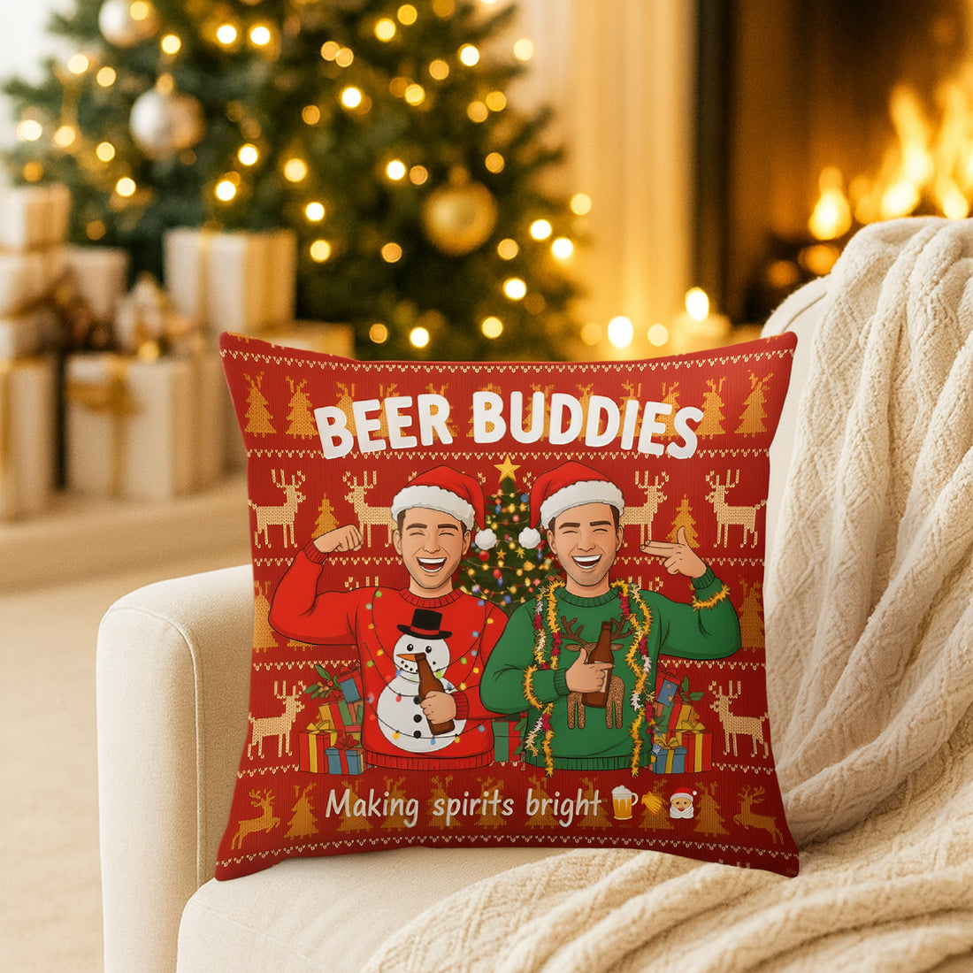 Beer Buddies Christmas Pillow | Personalized Holiday Gift | Funny Christmas Decoration | Pillow30