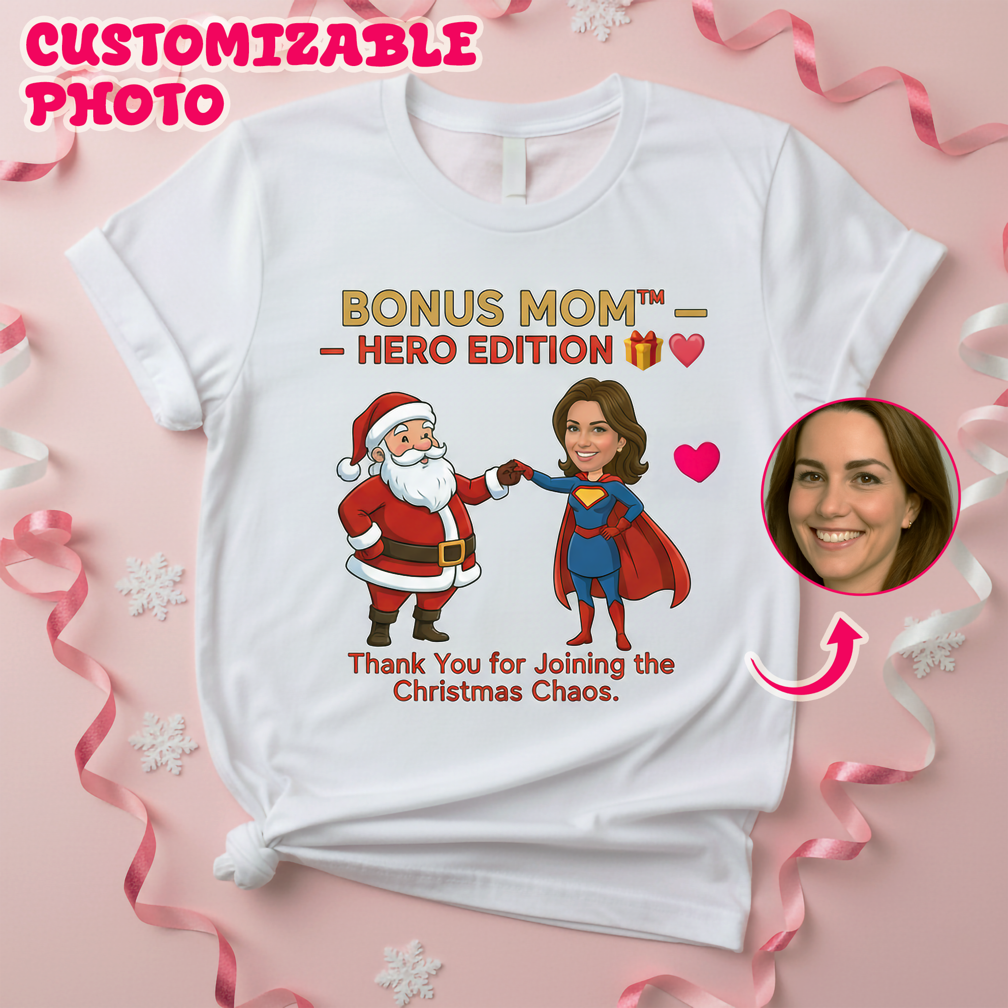 Bonus Mom Hero Edition Custom Photo T-Shirt, Funny Christmas Gift for Stepmom, Personalized Santa Tee, Holiday Family Matching Shirt | T-shirt 20