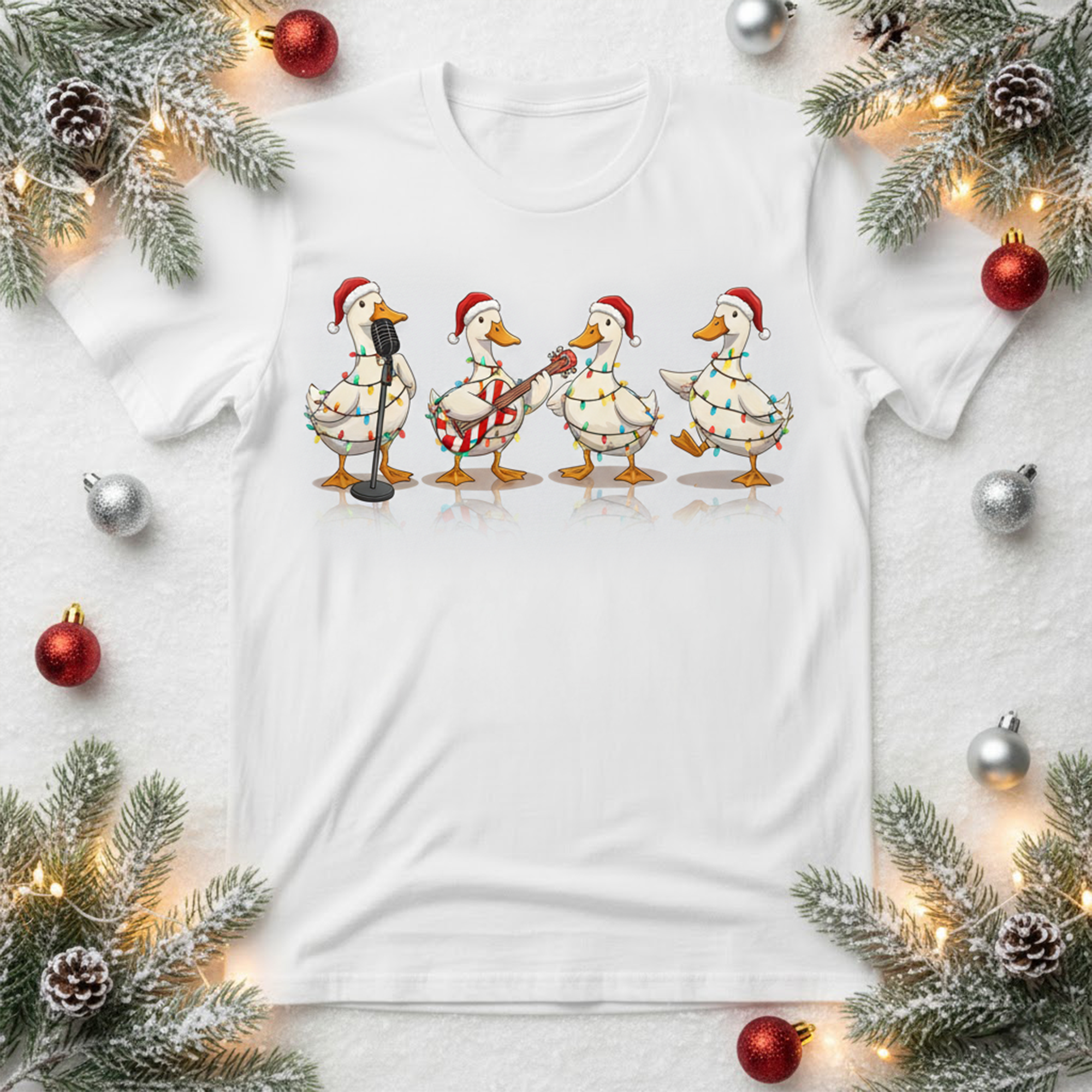 Christmas Ducks Band T-Shirt, Funny Holiday Animal Tee, Cute Xmas Gift Shirt, Festive Duck Lights Top for Family Matching Outfits and Parties | T-shirt 58