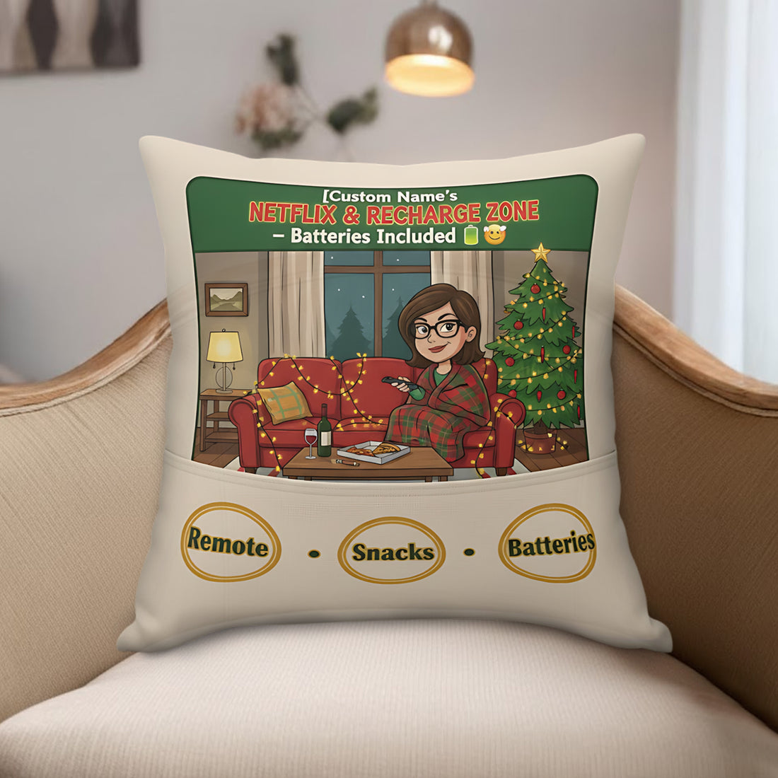 Custom “Netflix & Recharge Zone” Pillow – Funny Personalized Christmas Cushion | Cozy Holiday Gift for Homebodies | Pillow90