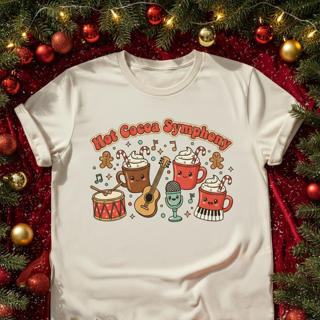 Hot Cocoa Symphony Christmas T-Shirt, Cute Holiday Mug Tee, Funny Cocoa Music Shirt, Festive Winter Top, Cozy Gift for Cocoa Lovers | T-shirt 14